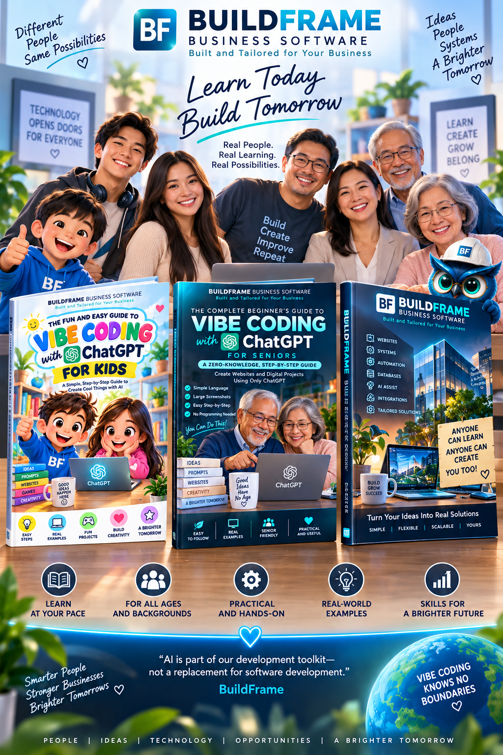 Vibe Coding Knows No Boundaries — BuildFrame guided ebook cover showing learners from different generations.