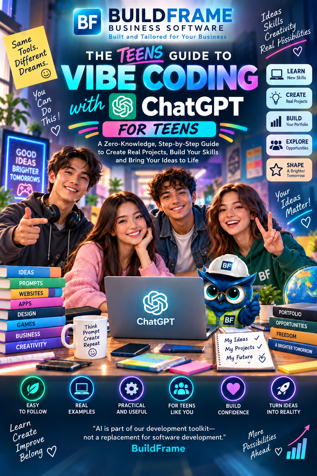 BuildFrame Vibe Coding with ChatGPT for Teens cover.